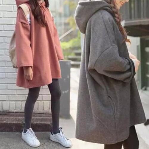 Fashion New Women Harajuku Style Loose Hoodies Females Long Solid Color Hooded Tops Womens Bf Korean Female Pullover Students