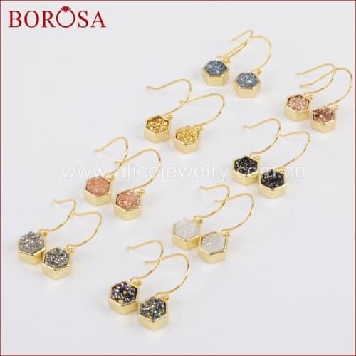 BOROSA 5Pairs Drusy Dangle Earrings for Women,Gold Plated Hexagon Rainbow Titanium Druzy Charm Drop Earrings ZG0159