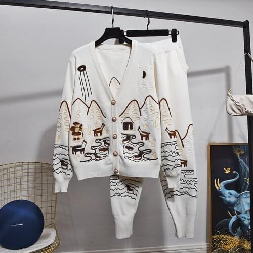 Autumn Fashion Gray Black White Knitted Tracksuit Set Women Loose V-Neck Embroidery Cardigan Sweater Pants 2pcs Outfits Female