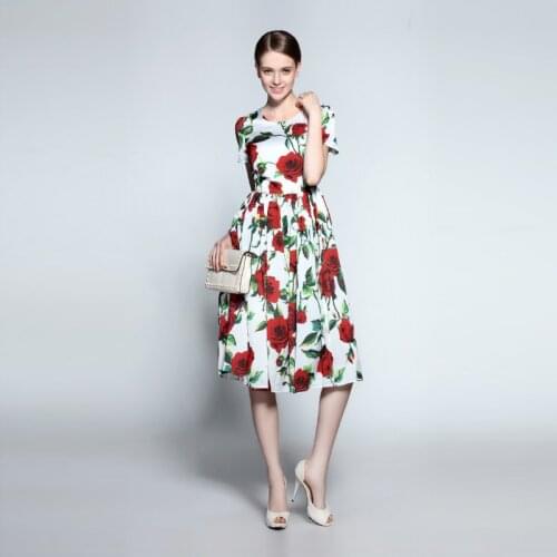 Europe Style 2020 Summer New Arrival Fashion A-Line O-Neck Short Sleeve Rose Flower Print Elegant Knee-Length Dress Women