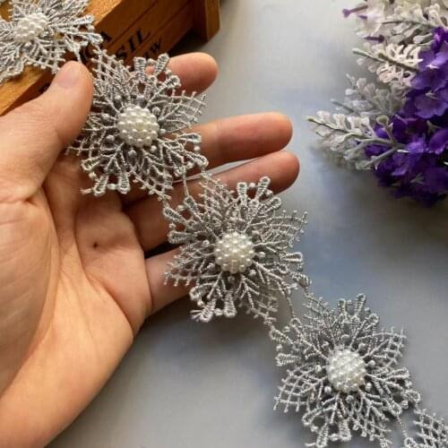 10x Gray Snowflake Pearl Handmade Beaded Flower Embroidered Lace Trim Ribbon Double Layered Applique Dress DIY Sewing Craft 5cm