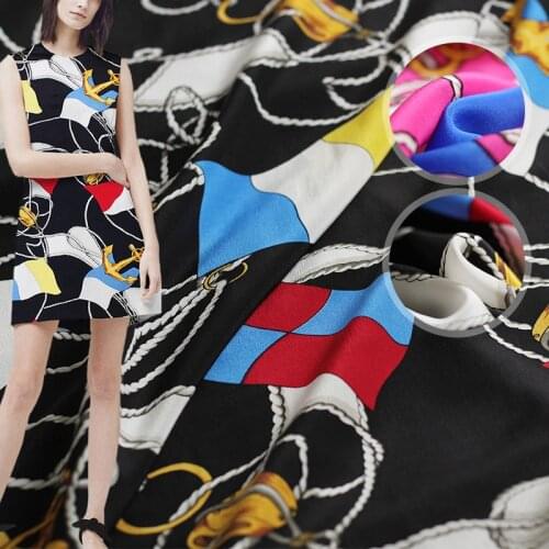 12momme 114cm width boat anchor printed 100% silk crepe de chine summer dress shirt clothing fabric Free Shipping