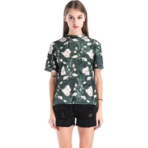 2018 Maternity Thin Top Velvet Shirt O Neck Vintage Short Sleeve Casual Tops Green Floral T shirts Velvet Tees Shirts