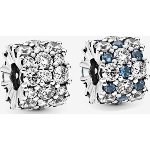 2020 New Style Real 925 Sterling Silver Blue & Clear Sparkle Charm Fit pandora Bracelet Crystal Bead Charm DIY Jewelry