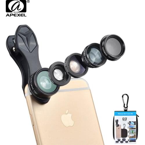 APEXEL 5 in 1 Fisheye Wide Angle Macro lens Telescope telephoto lens CPL Mobile Phone mini camera lens for iPhone Samsung xiaomi