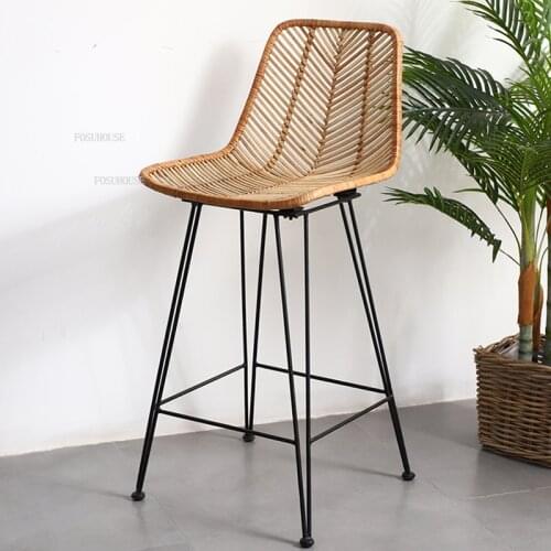 FOSUHOUSE Japanese Rattan Bar Chair Kitchen Furniture Nordic Iron Backrest Outdoor High Bar Stool Retro Leisure Hotel Bar Chair