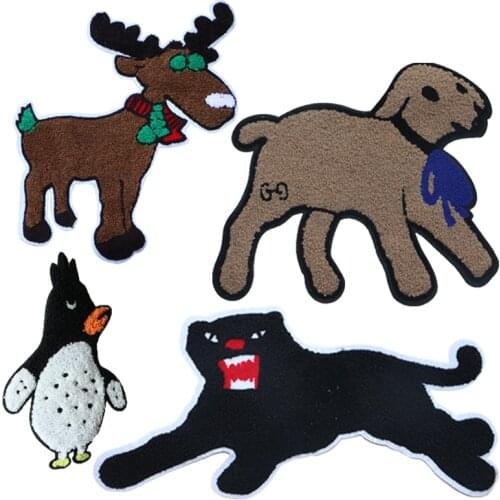 Large Towel Embroidery Clothes Patch Penguin Dog Animal Pattern Chenille Embroidery Sticker Applique DIY Sewing On Jacket Coat