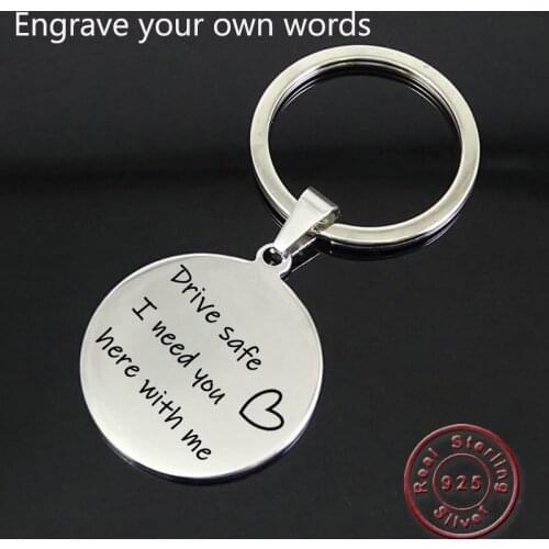 Amxiu Personalized Keychain 925 Sterling Silver Keychains Custom Any Words Round Pendant Key Chains For Mom Dad Keys Accessories