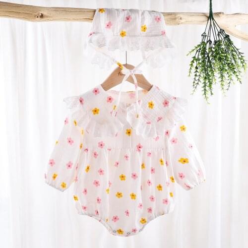 Baby Girl Casual Lace Rompers Peter Pan Collar Floral Outfit Long Sleeve Jumpsuit Playsuit Hat Newborn Summer Clothes 0-24M