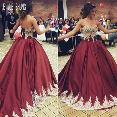 E JUE SHUNG Sexy Gold Lace Appliques Ball Gown Wedding Dresses Sweetheart Neck Lace Up Back Burgundy Bridal Gowns robe de mariee