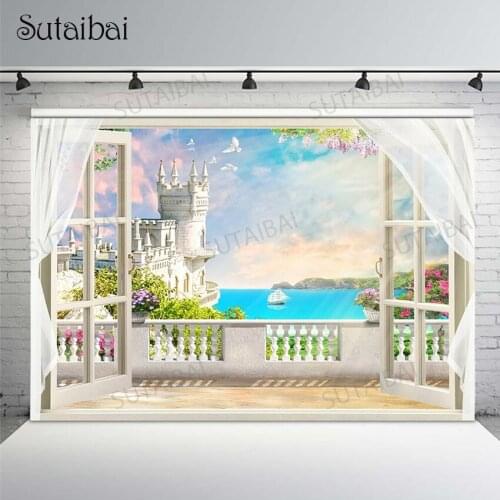 Summer Vacation Wedding Photo Background White Castle Balcony Sea Sailboat Photography Backdrop Photo Studio Custom Decor Props