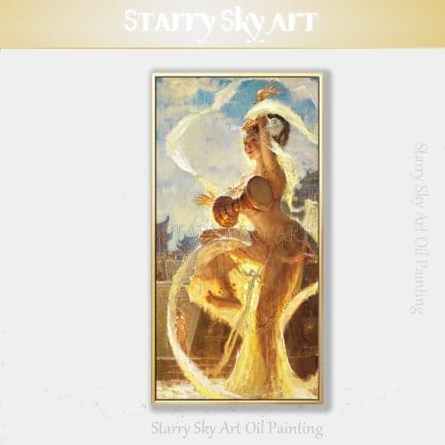 Impressionist Wall Art Tang Dynasty Beauty Lady Drumming Oil Painting on Canvas Ancient Beauty Chinese Lady Playing Oil Painting