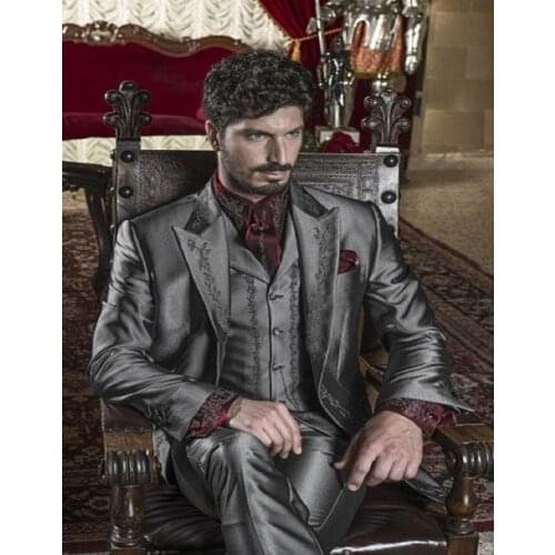 Custom Made Grey Satin Wedding Mens Suits 3 Pieces New Fashion Tuxedos Mandarin Lapel Prom Latest Design Slim Blazer