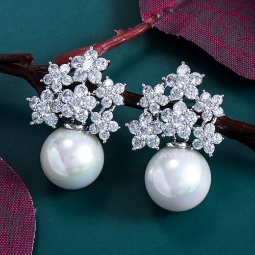 JIMBORA Sparkly Fashion Round Big Pearl Pendant Earrings For Women Girl Daily Fashion Wedding Bridal Jewelry High Quality New