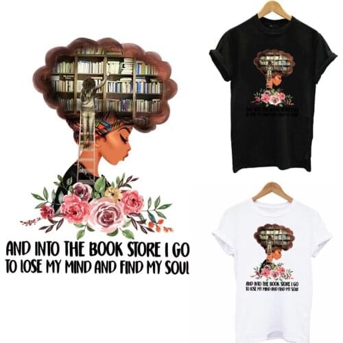 Book African Girl Thermal Sticker On Clothes Heat Transfer DIY Iron On Patches For Clothing Flower Black Girl Applique Decor