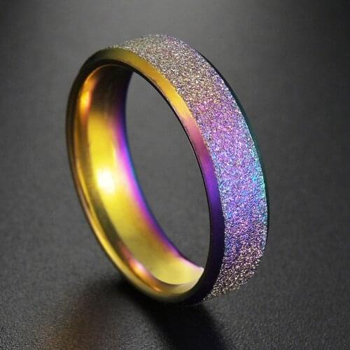 6mm Colorful Ring for Women Men Rainbow Sandblasting Stainless Steel Bands Casual Tail Rings Wedding Engagement Jewelry