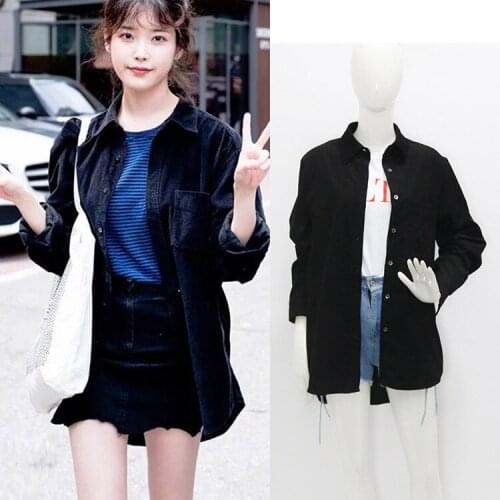 Kpop IU Lee Ji Eun College style loose casual black corduroy long sleeved shirt women autumn new harajuku lapel tops and blouses