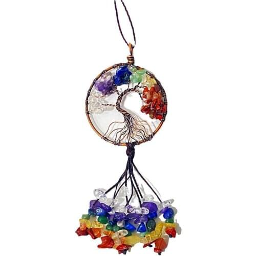 Natural Crystal Stone 7 Chakra Round Tree of Life Pendant Handmade Keychains Key Ring Key Holder for Women Car Bags Accessories