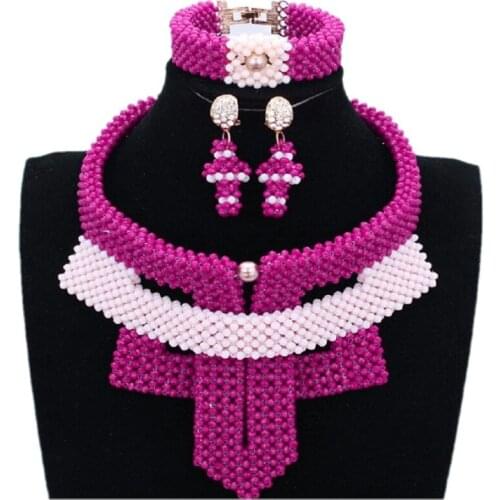 Dudo Store Dubai Jewelry Set For Women Fuchsia and beige African Bridal Necklace Nigerian Wedding Jewellery Set 2019 Free Ship