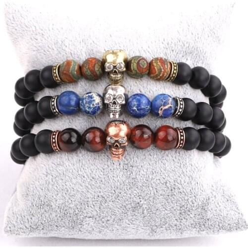 New Fashion Natural Stone Bracelet Vintage Skull Charm Beads Elastic Bracelet For Men