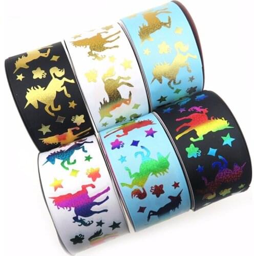 Wholesale 100Y/lot 75mm 3" holographic rainbow foil gold foil unicorn printed polyester grosgrain ribbon welcome custom order