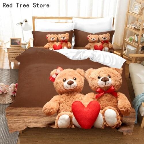 Teddy Bear Microfiber Bed Linen Set Cartoon Animals Bedspread Valentines Gift Kids Adult Twin Full Queen King Size Bedding Set