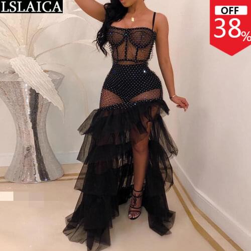 Sexy Woman Dress Mesh See Through Spaghetti Strap Sleeveless Maxi Dress Rhinestone Slit Black Party Club Dress Plus Size Vestido