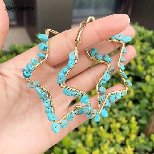 SAY HELLO Bohemian Turquoises Charm Metal Beaded Irregular Gravel Geometric Pentagram Star Dangle Earring Jewelry B0108