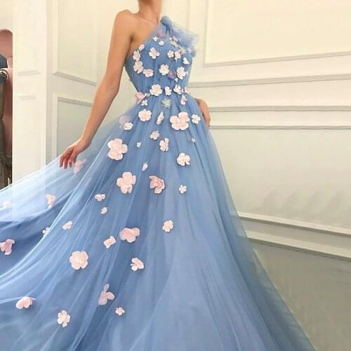Fairy Blue Evening Dresses 2019 One Shoulder Handmade Flowers Pearls Tulle Graduation Party Long Evening Gowns Prom
