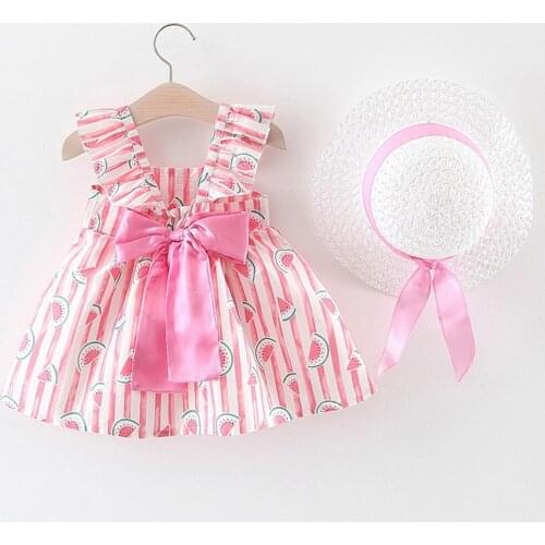 #VW Kids Baby Toddler Dress Girls Summer Sleeveless V-Neck Floral Ruched Dress Bow Watermelon Print Princess Dress+Hat robe été