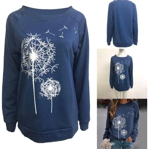 Women Casual Dandelion Print Long Sleeve O Neck Loose Leisure T-shirt Blouse Sweatshirt Pullover