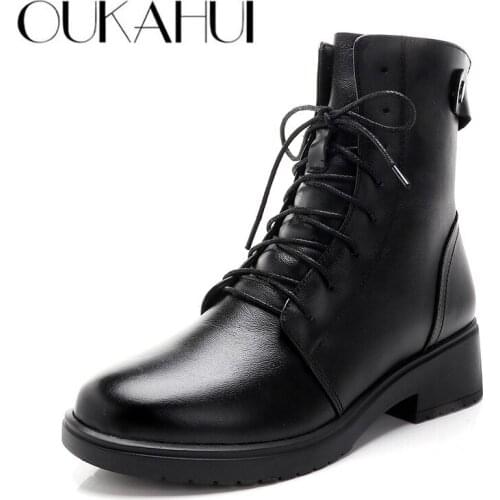 OUKAHUI Size 35-43 Winter Warm Martin Boots Women Genuine Leather Mid Heel 4.5CM Plush Casual Lace-Up Short Boots Women Black