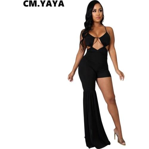 CM.YAYA Women Jumpsuit Solid Sleeveless Strap Hollow Out Asymmetrical Jumpsuits Sexy Fashion One Piece Overalls Summer Outfits