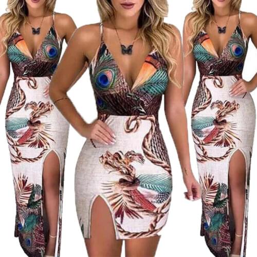 New Women Sexy Peacock Feather Print Dress Ladies Sleeveless Bodycon Boho Floral Dress Summer Beach Casual Long Sundress