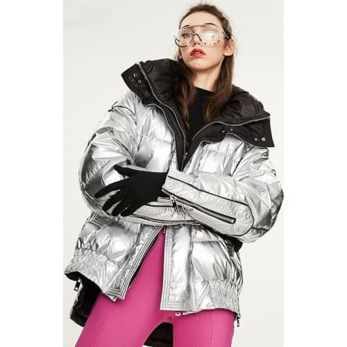 2021 winter jacket women white duck down jacket coat silver Laser bright surface outerwear streetwear thick warm overcoat
