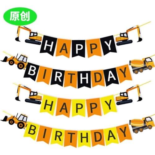 1 set Construction Party Vehicle Excavator Happy Birthday Banner Letter Flag Cake Topper Baby Shower Decor
