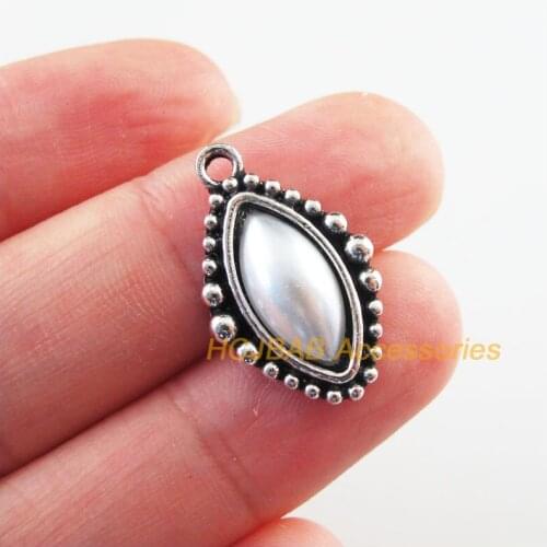 12Pcs Tibetan Silver Tone Retro Eye White Acrylic Charms Pendants 14.5x24mm