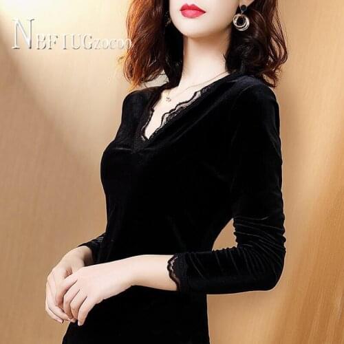 2020 Spring Autumn Long Sleeve Slim Women T Shirt Velvet V Neck Lace Female Tee Shirts