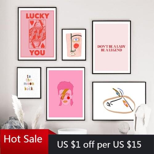 Nordic Abstract Poster Line Face Canvas Painting Wall Decor Art Pink Style Letter Lucky You Pictures For Modern Aesthetic Room D