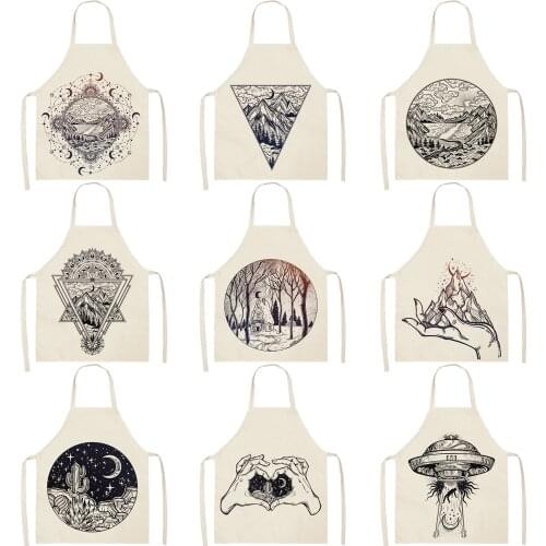 FYMX Simple Geometric Pattern Apron Black And White Night Landscape View Kitchen Apron For Household Cleaning Decor