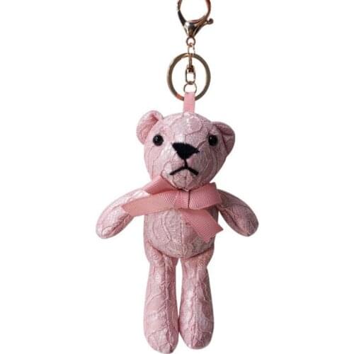 Toys Doll Cartoon Ribbon Bow Lace Fabric Crystal Bear Keychain Keyring Fur Women Bag Pendant Gift Accessories Porte Clef Charm