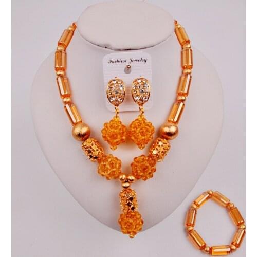 Graceful Champagne Gold Crystal Beaded African Necklace Nigerian Bridal Jewelry Set for Women ZQ4-9