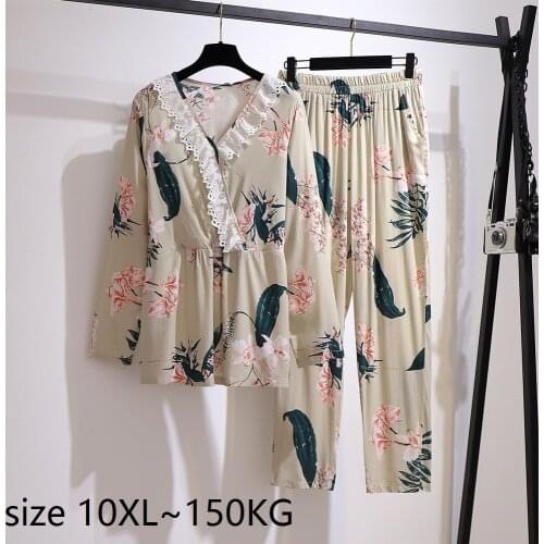 Plus Size 10XL bust 149cm Sleepwear Suit Lace V Neck Women Pajamas Sets Long Sleeve Top and Pants Home Women Female Sleepwear
