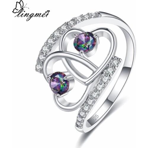 Lingmei Double Heart to Heart Wedding Rings Multi & Red & White Cubic ZirconSilver ColorRing Size 6 7 8 9 Gifts