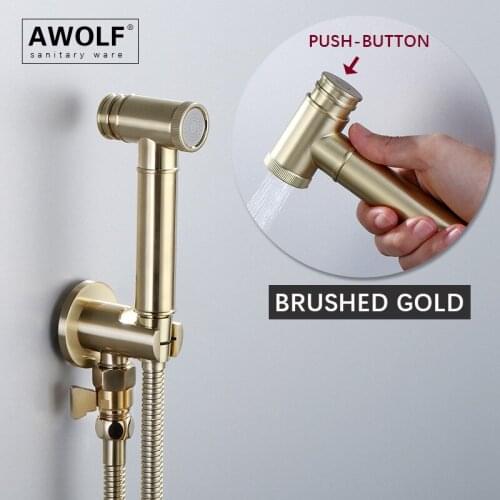 Brushed Gold Handheld Toilet Bidet Sprayer Douche kit Solid Brass Valve Stainless Steel Press Button Shattaf Bidet Faucet AP2269