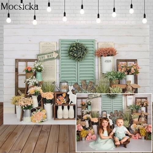 Mocsicka Easter Spring Flowers Photography Background Wooden Door Backdrop Child Portrait Photo Party Decoration Props Studio