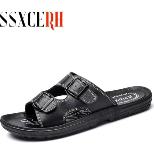 Brand Fashion Flip Flops Summer Men Slippers Genuine Leather Cross Strap Beach Water Shoes Men High Quality Slippers Size 40-45