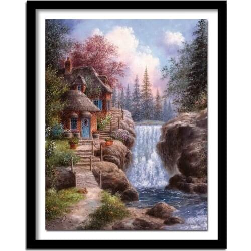 Full square waterfall house 5d diamond painting rhinestone cross stitch scenery diamond embroidery painting F111
