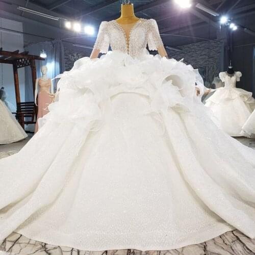 Luxury Long Sleeve Wedding Dresses Plus Size Ball Gown Crystals Turkey White Champange Sparkle Women Bridal Bride Gowns Dresses