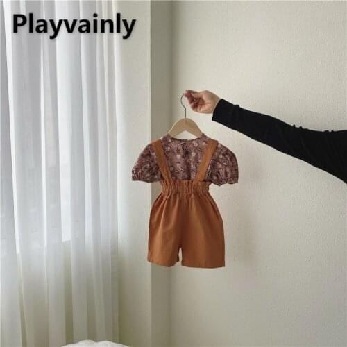 2021 Baby Girl Sets Floral round neck short sleeve shirt+ suspender cropped pants 2 Piece cotton Suit Girl Clothes E100155